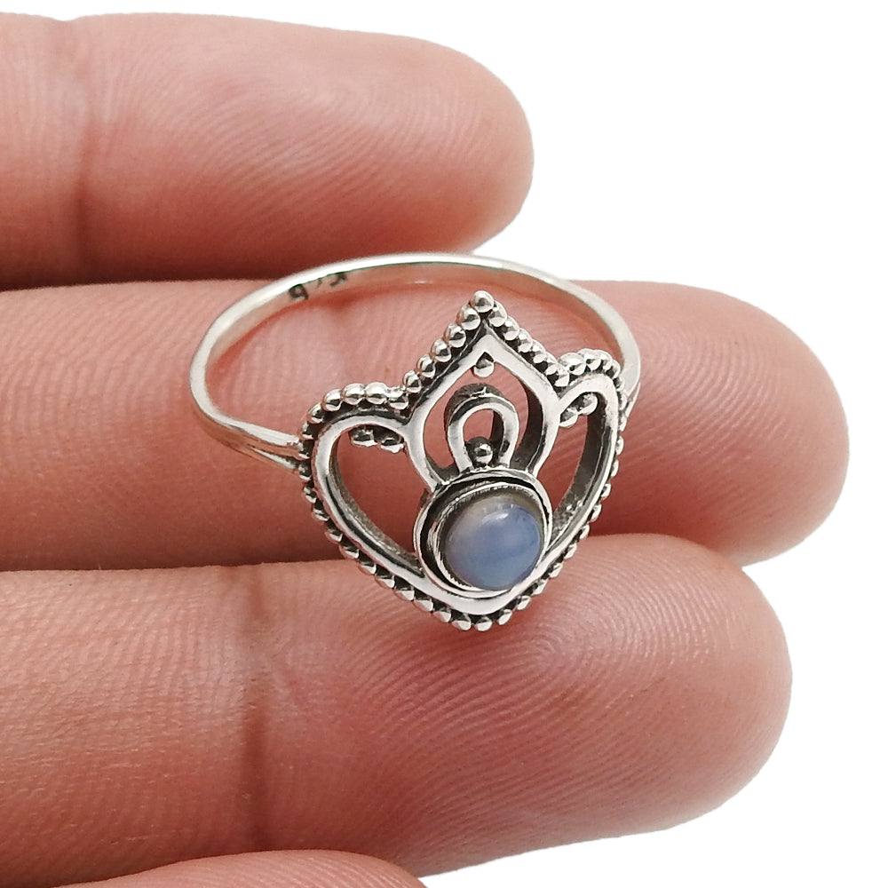 Round Chalcedony Gemstone Solid Sterling Silver Crown Bezel Band Ring