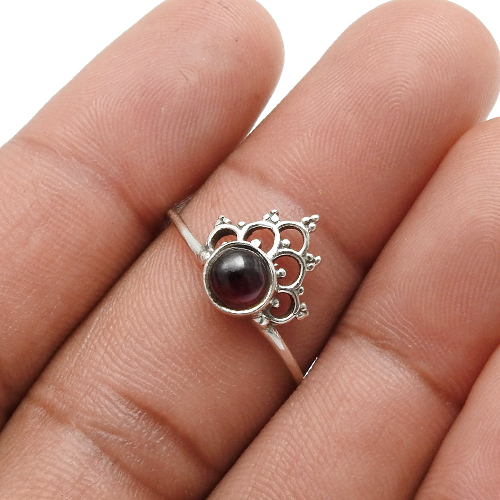 Garnet Stone January Birth Unique Band Crown Bezel Ring 925 Solid Silver