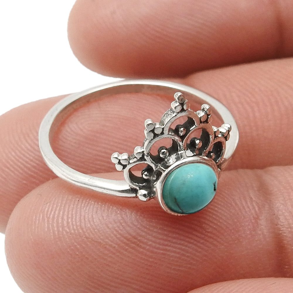 Round Turquoise Gemstone Solid Sterling Silver Wife Crown Bezel Band Ring