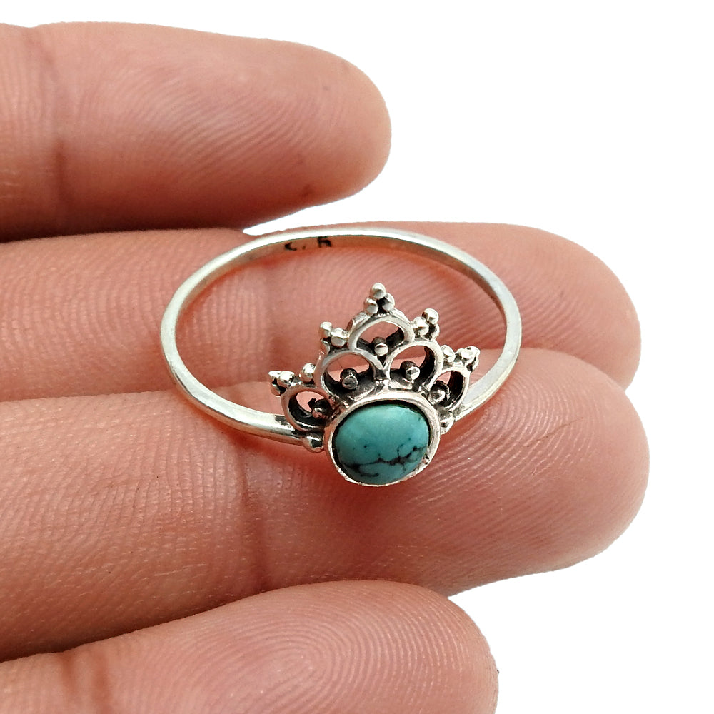 Round Turquoise Gemstone Solid Sterling Silver Wife Crown Bezel Band Ring