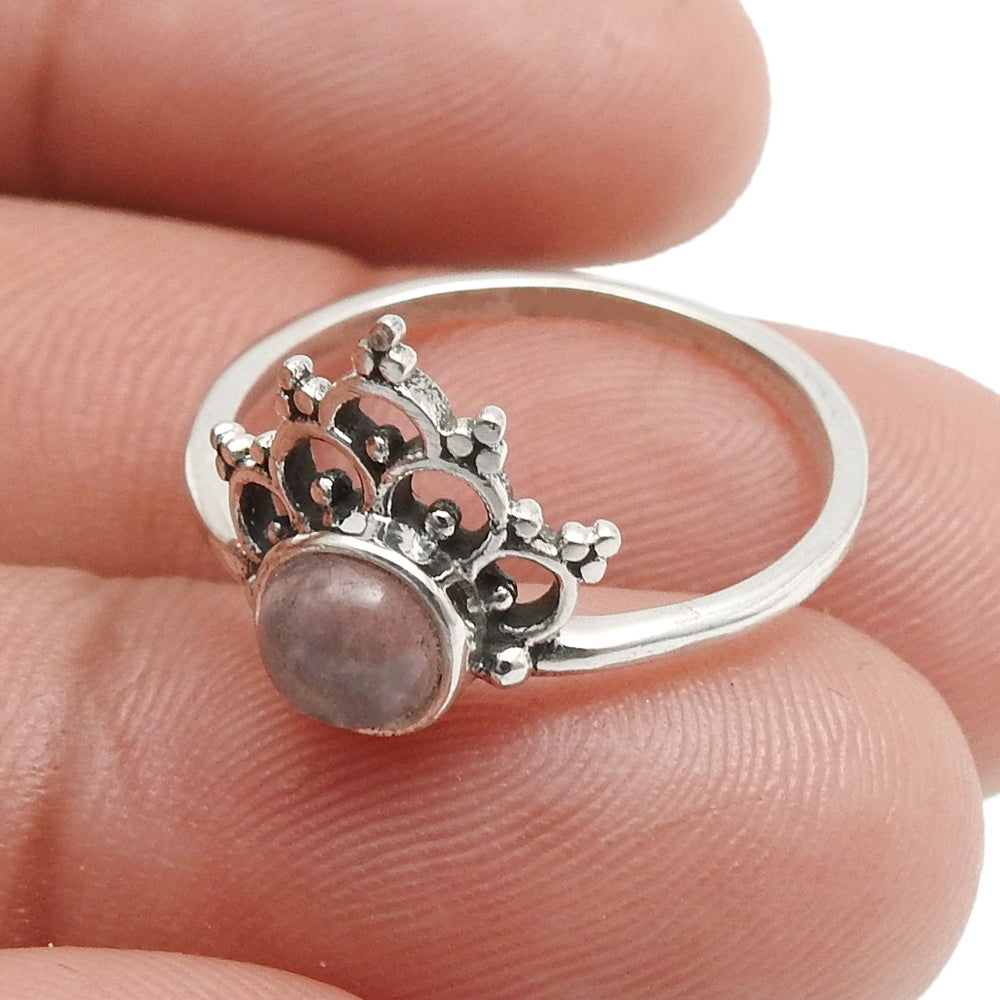 Round Natural Rose Quartz 925 Silver Band Wedding Trendy Crown Bezel Ring