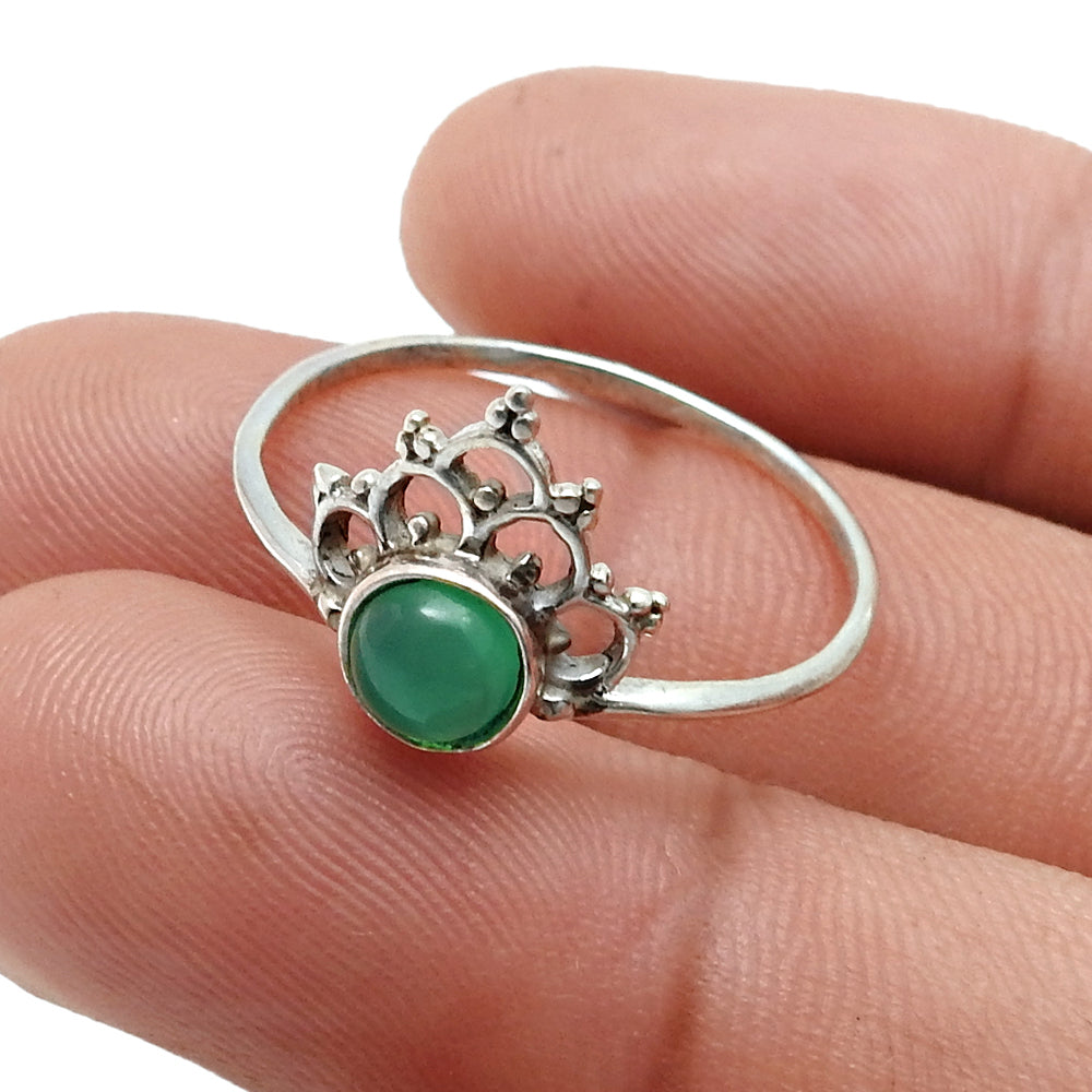 Natural Green Onyx Art Deco Band Statement Crown Ring 925 Sterling Silver