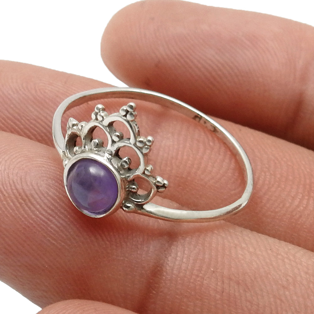 Round Amethyst Stone Crown Artisan New Band Engagement Ring Solid Silver