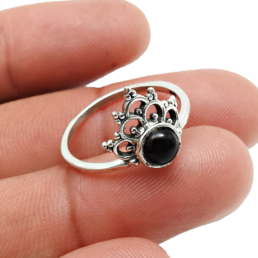 Round Black Onyx Stone Crown Band Bezel Promise Statement Ring 925 Silver