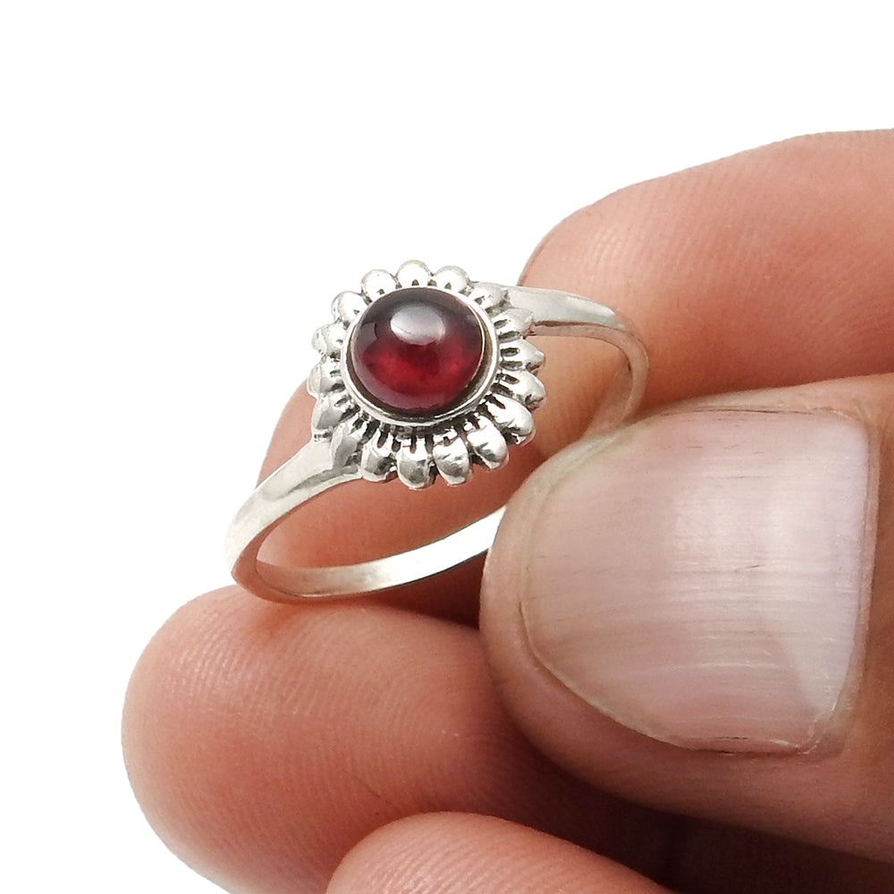 Round Natural Garnet Flower Bezel Band Birthday Ring 925 Sterling Silver