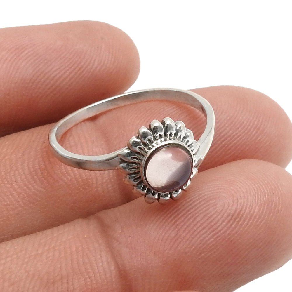 Round Rose Quartz Stone Solid Sterling Silver Sister Band Flower Ring