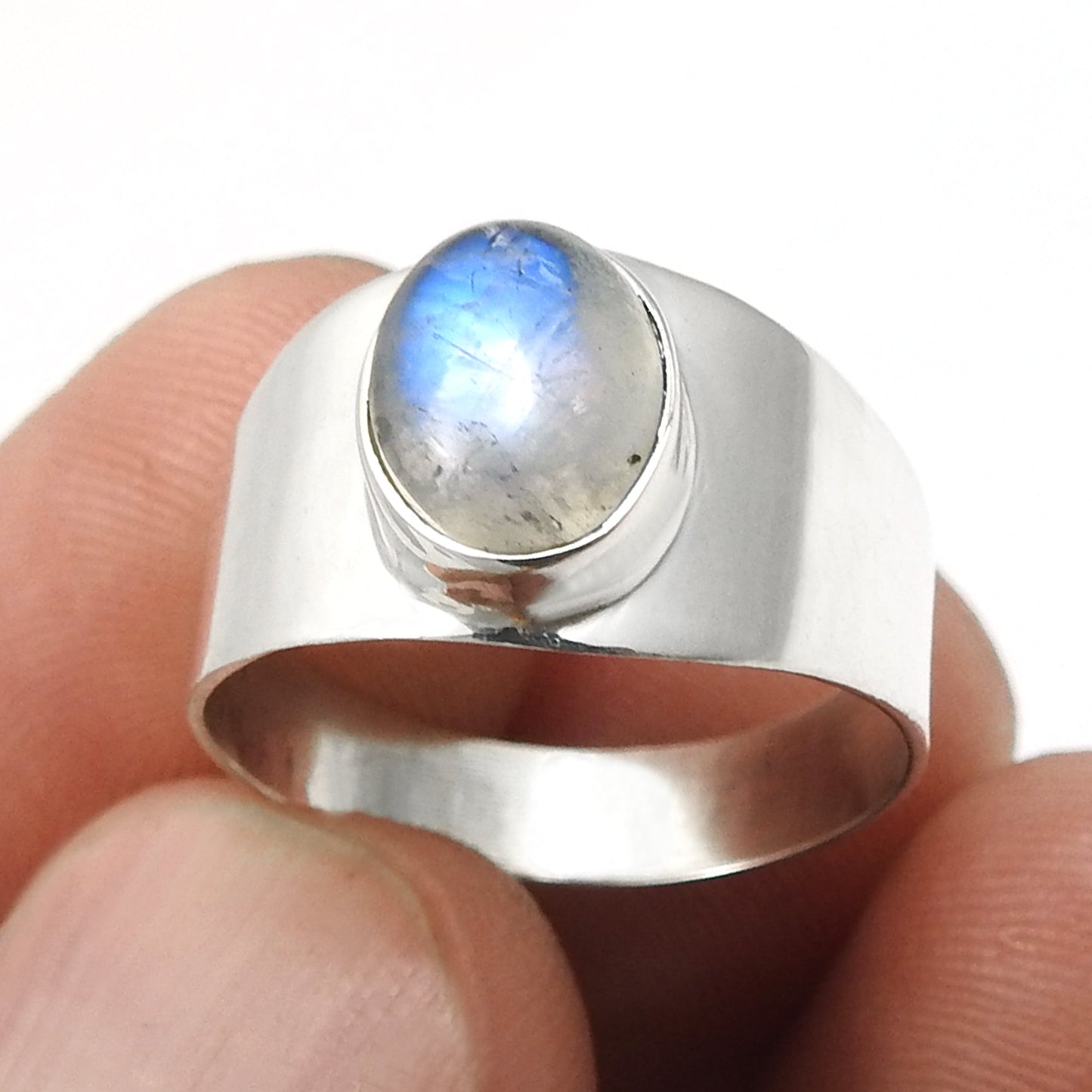 Natural Rainbow Moonstone 925 Silver Cocktail Crown Chakra Bezel Ring Jewelry