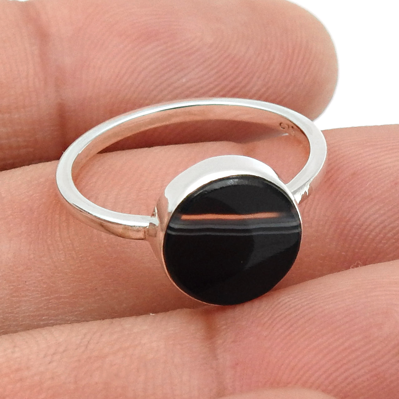 Sterling Silver Striped Onyx Gemstone Statement Bezel Birthday Wife Ring