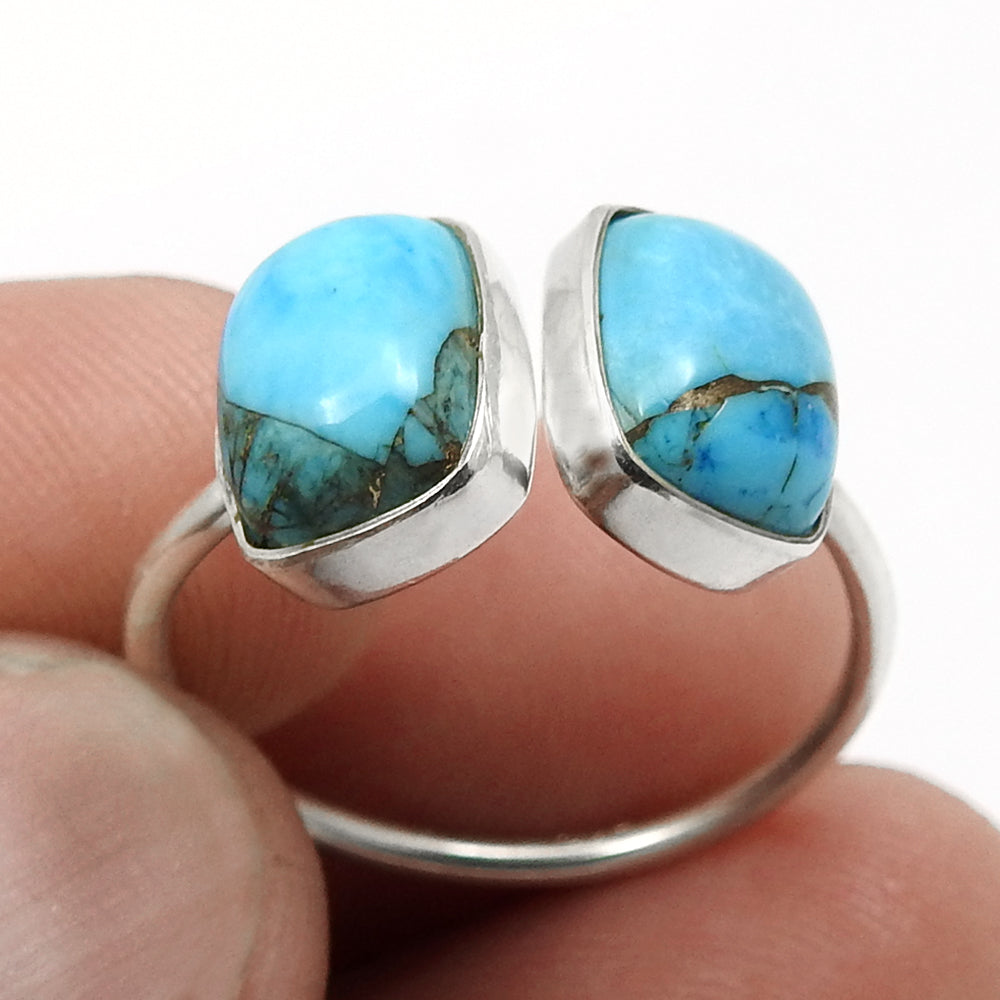 Blue Copper Turquoise Gemstone 925 Solid Silver Bezel Band Boho Ring