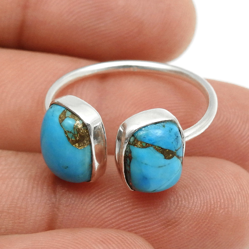 Blue Copper Turquoise Gemstone 925 Solid Silver Bezel Band Boho Ring