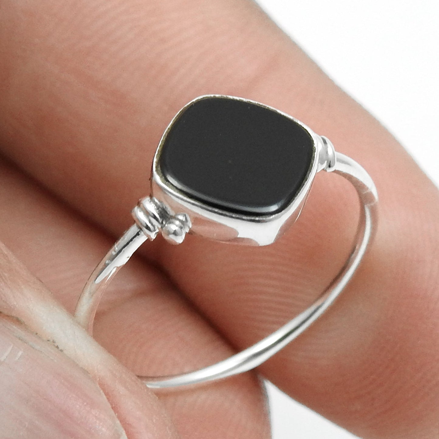 Square Black Onyx Stone Solid Sterling Silver Mother Band Promise Ring