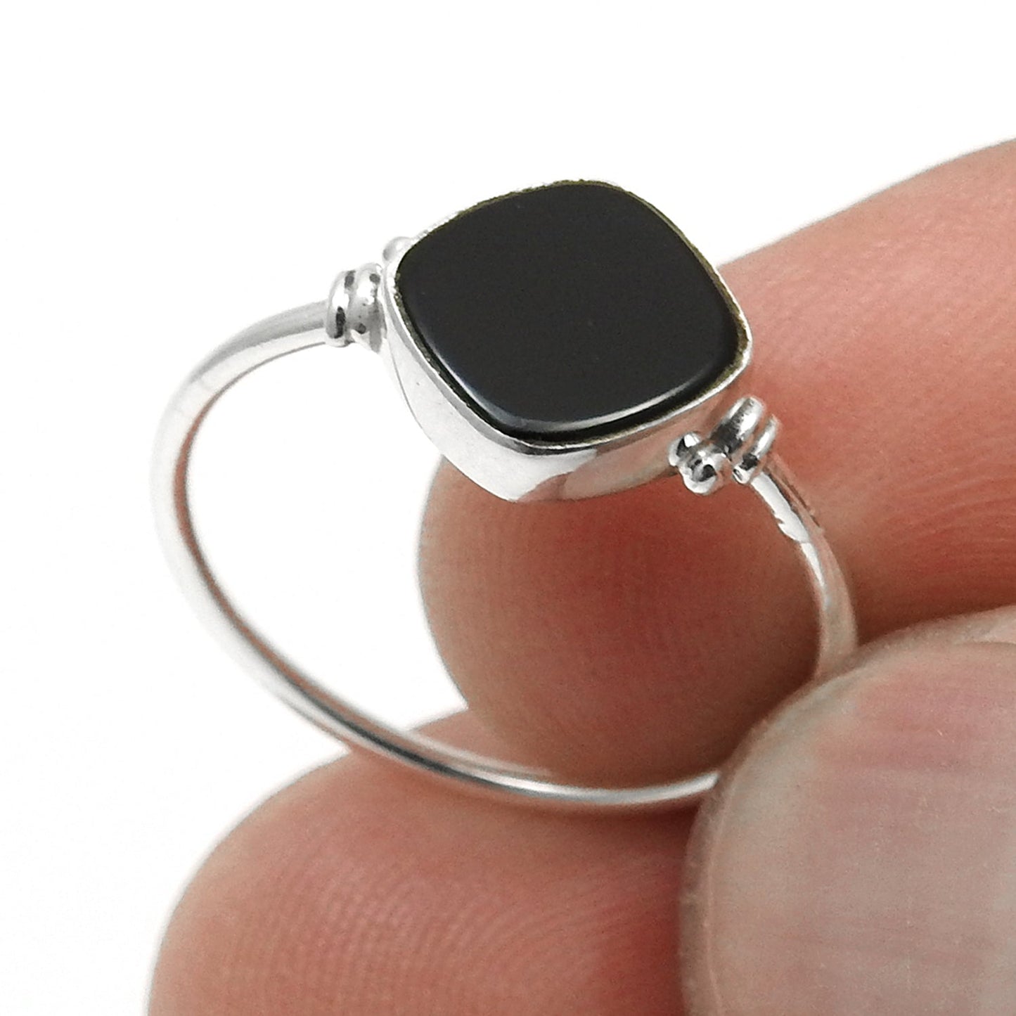 Square Black Onyx Stone Solid Sterling Silver Mother Band Promise Ring