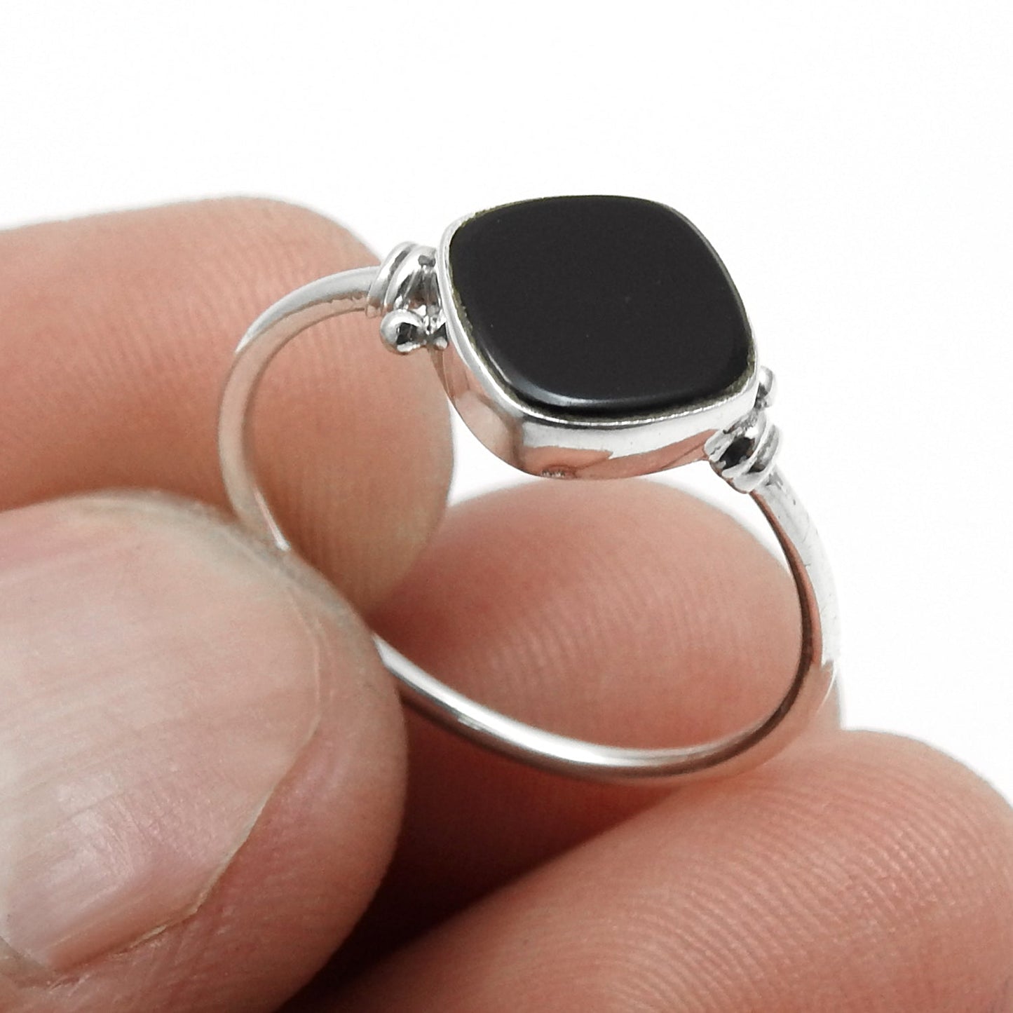 Square Black Onyx Stone Solid Sterling Silver Mother Band Promise Ring