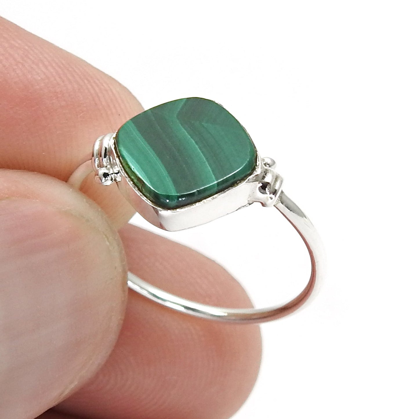 Natural Malachite Statement Band Bezel Promise Ring Solid Sterling Silver