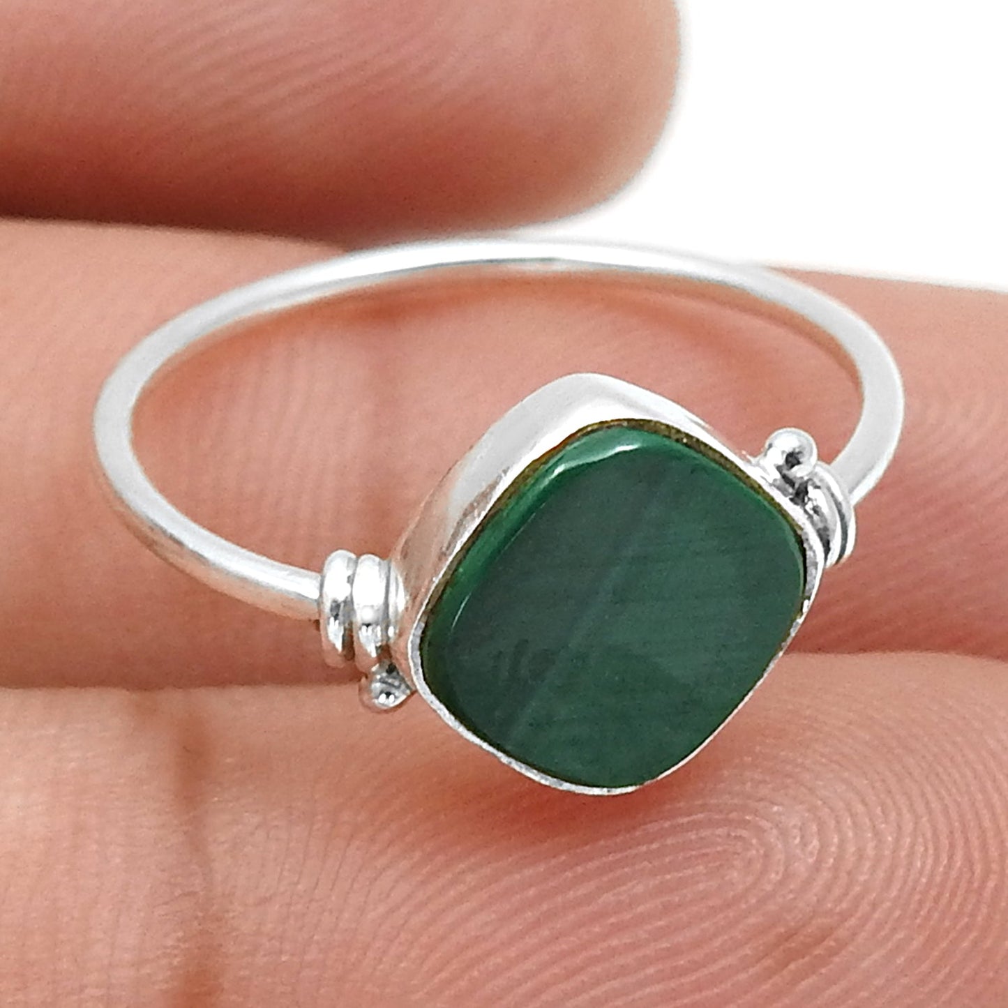 Natural Malachite Statement Band Bezel Promise Ring Solid Sterling Silver