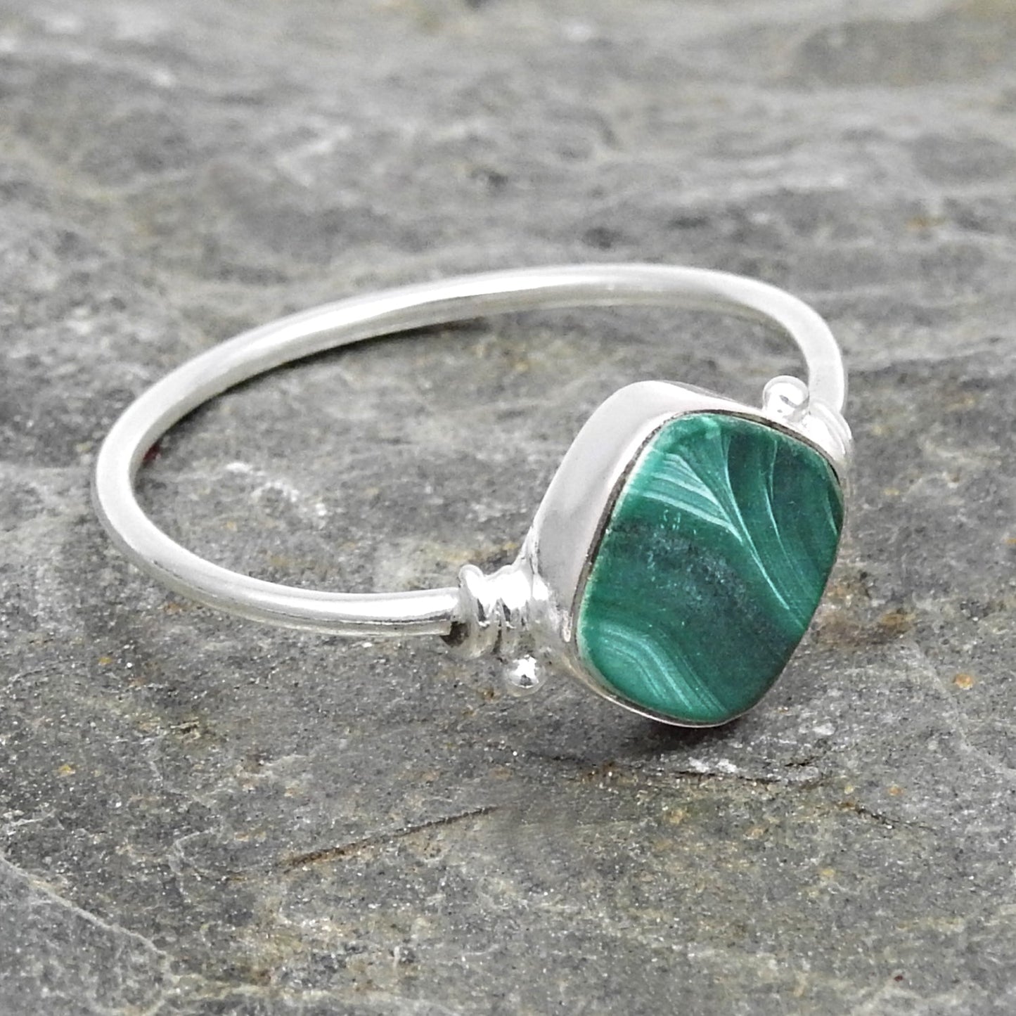 Natural Malachite Statement Band Bezel Promise Ring Solid Sterling Silver