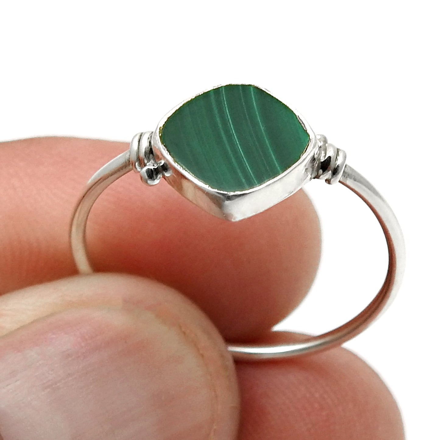 Natural Malachite Statement Band Bezel Promise Ring Solid Sterling Silver