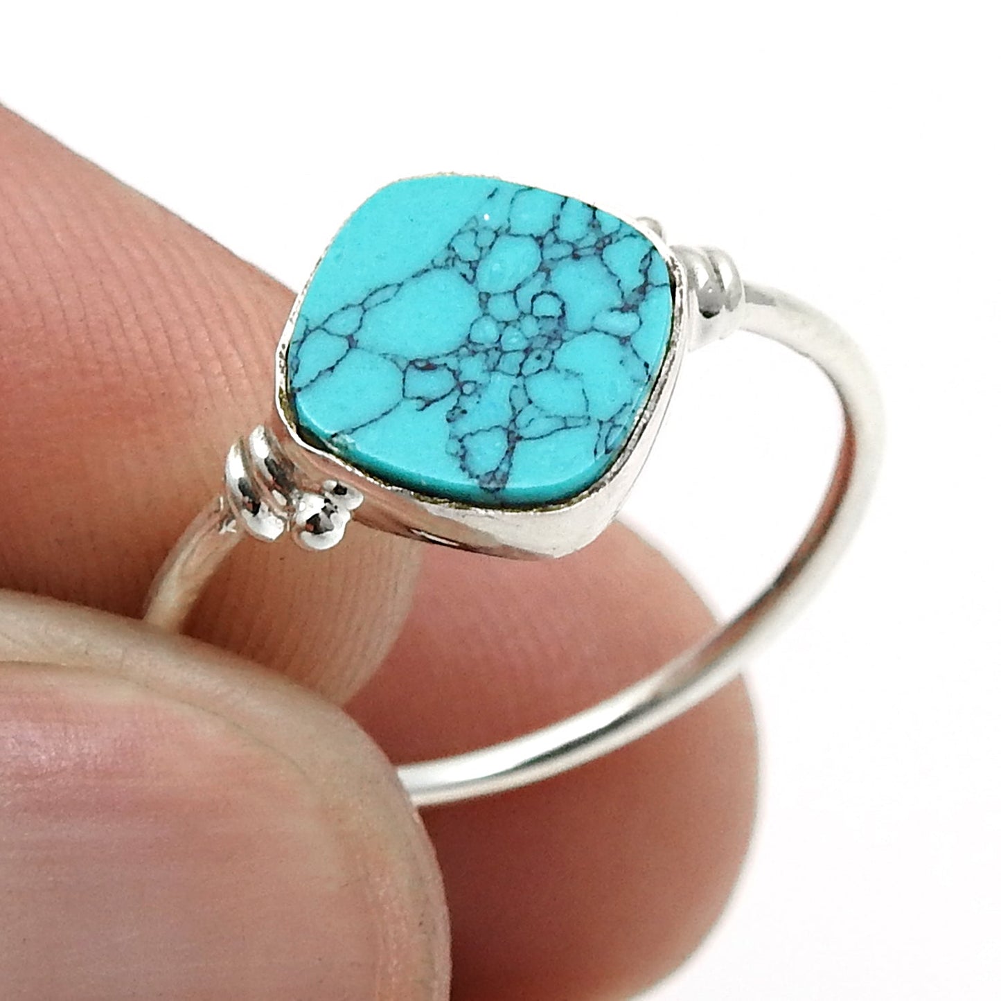 Natural Turquoise Statement Birthday Art Deco Band Ring Solid Silver
