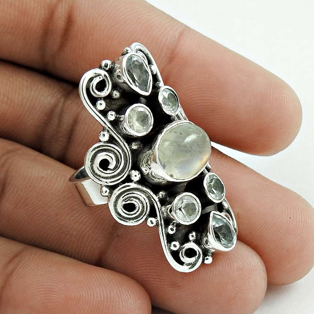 Mothers Day Gift Solitaire Ring Size 5 925 Silver Natural Rainbow Moonstone U9