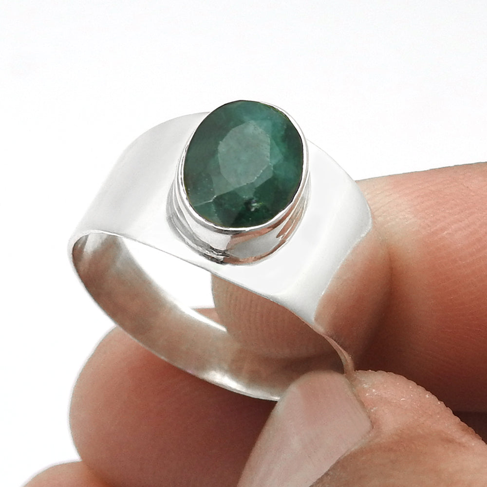 Natural Emerald Solid Sterling Silver Band Bezel Statement Promise Ring