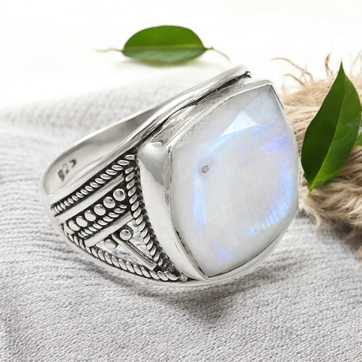 101 Men Ring Square Shape Natural Rainbow Moonstone 925 Sterling Silver Statement Ring Size 8