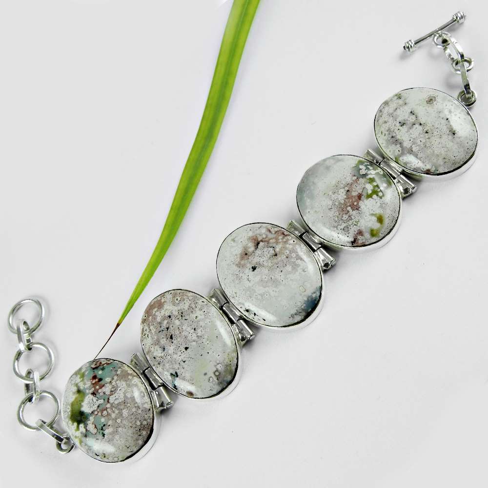 Natural Ocean Jasper Gemstone 925 Silver Chain Tribal Bracelet For Women J1