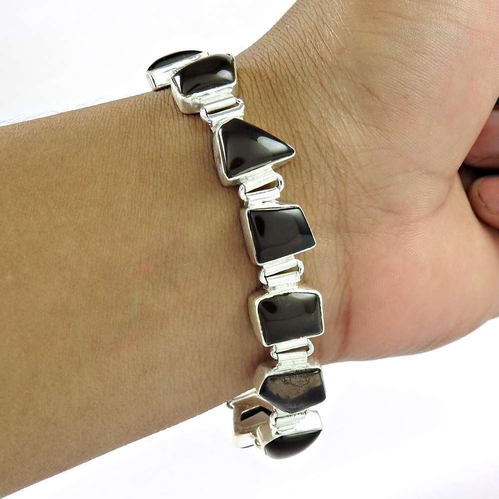 Natural Smoky Quartz Gemstone Chain Ethnic Bracelet 925 Silver For Girls B38