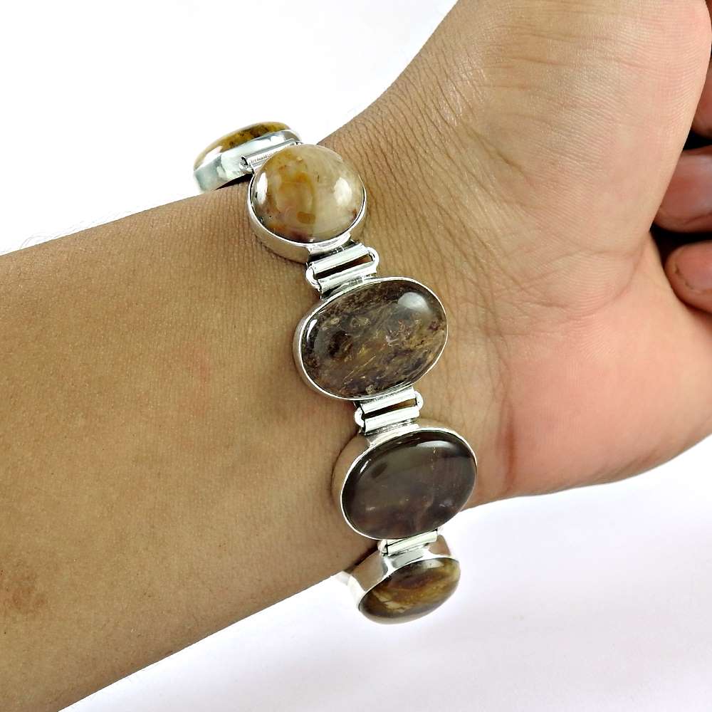 Natural Picture Jasper Gemstone Chain Bracelet 925 Sterling Silver For Women H4