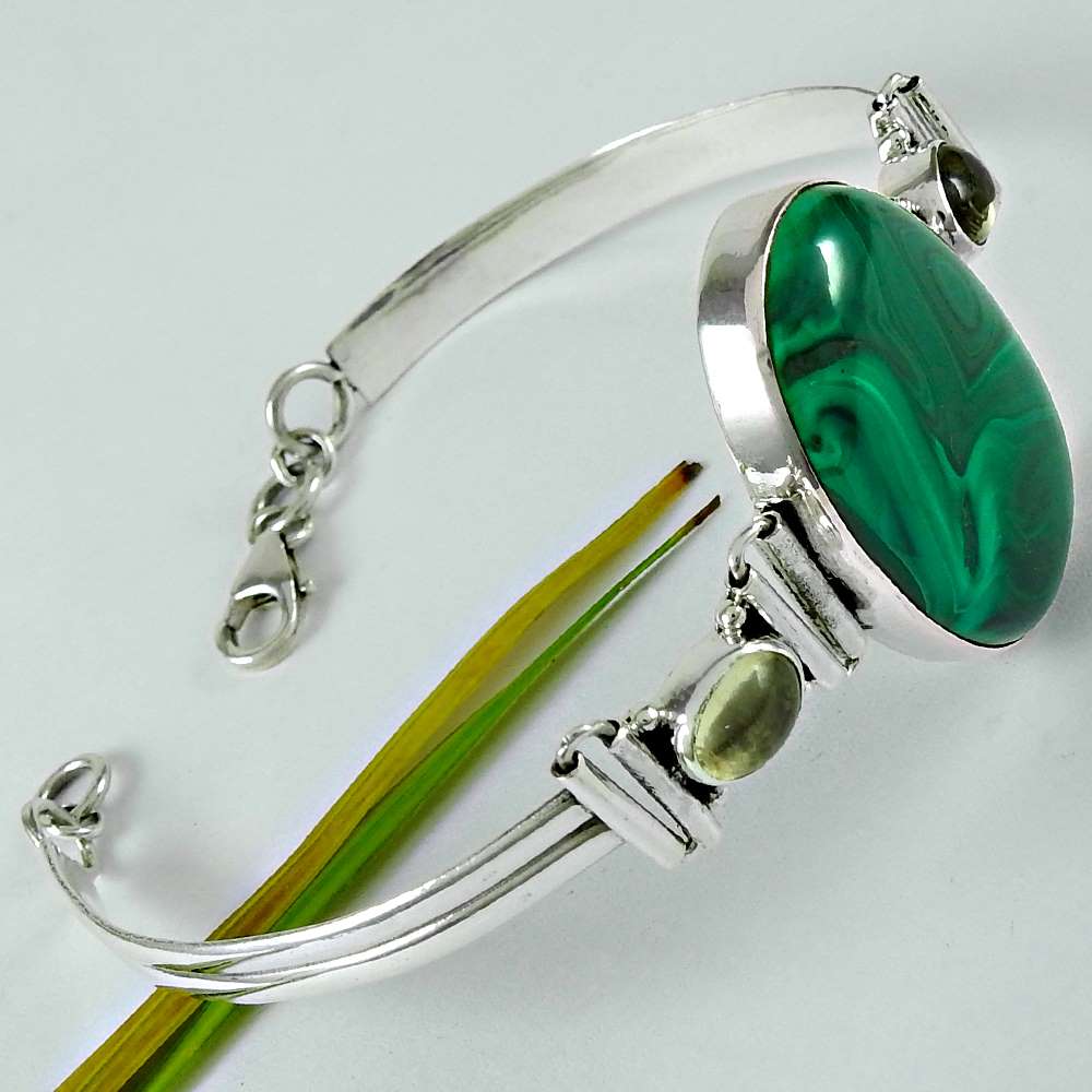 Gift For Women Chain Boho Bracelet 925 Silver Natural Malachite Gemstone B8