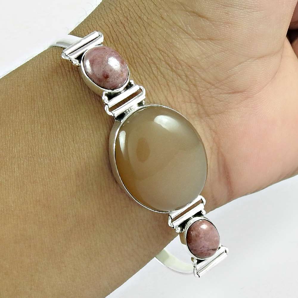 Birthday Gift Chain Bohemian Bracelet 925 Silver Natural Moonstone Gemstone K4