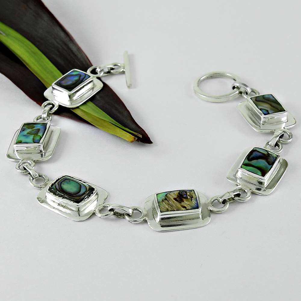 Birthday Gift Natural Abalone Shell Chain Ethnic Bracelet 925 Silver H2