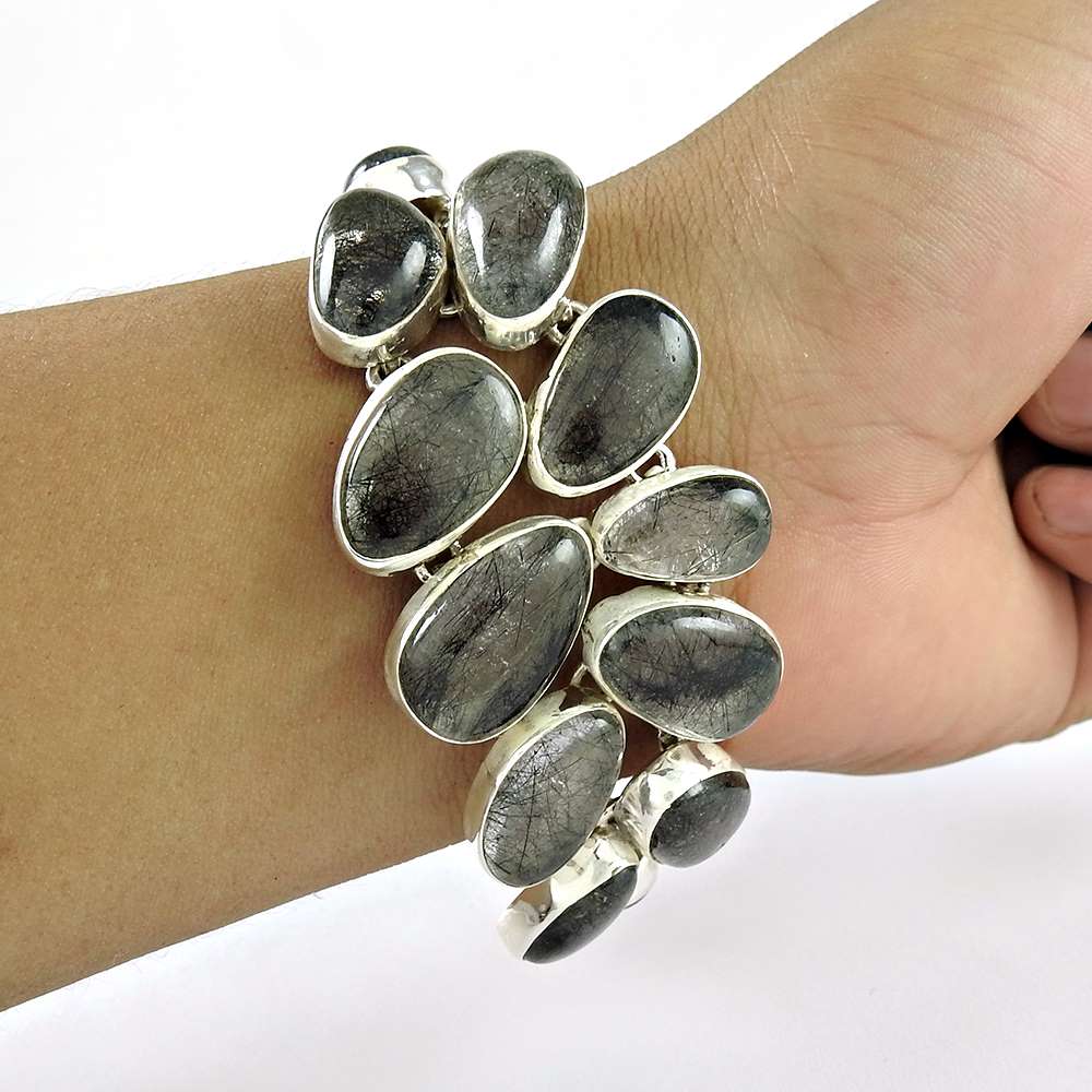 Rare Beauty Black Rutile Gemstone Sterling Silver Bracelet Jewelry