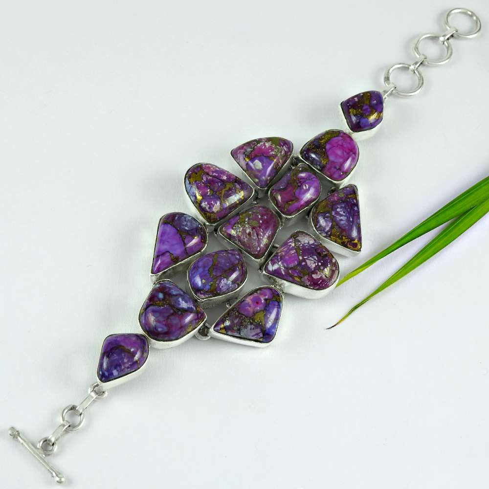 Birthday Gift Natural Purple Copper Turquoise Chain Boho Bracelet 925 Silver J4