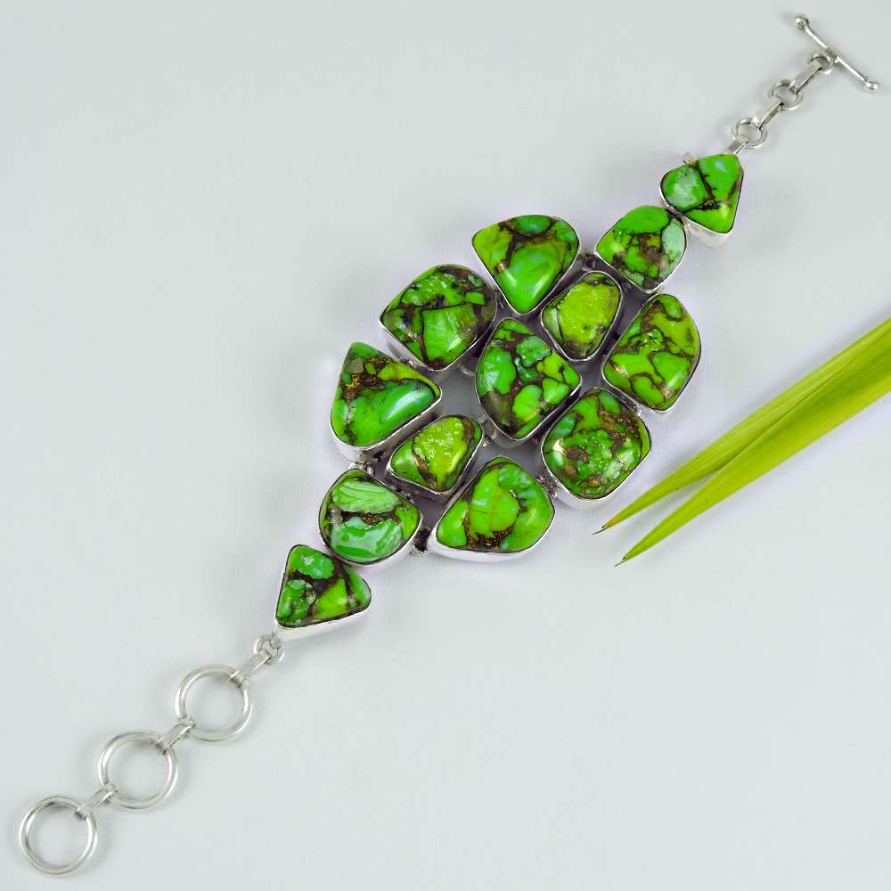 925 Sterling Silver Natural Green Copper Turquoise Chain Bohemian Bracelet L4