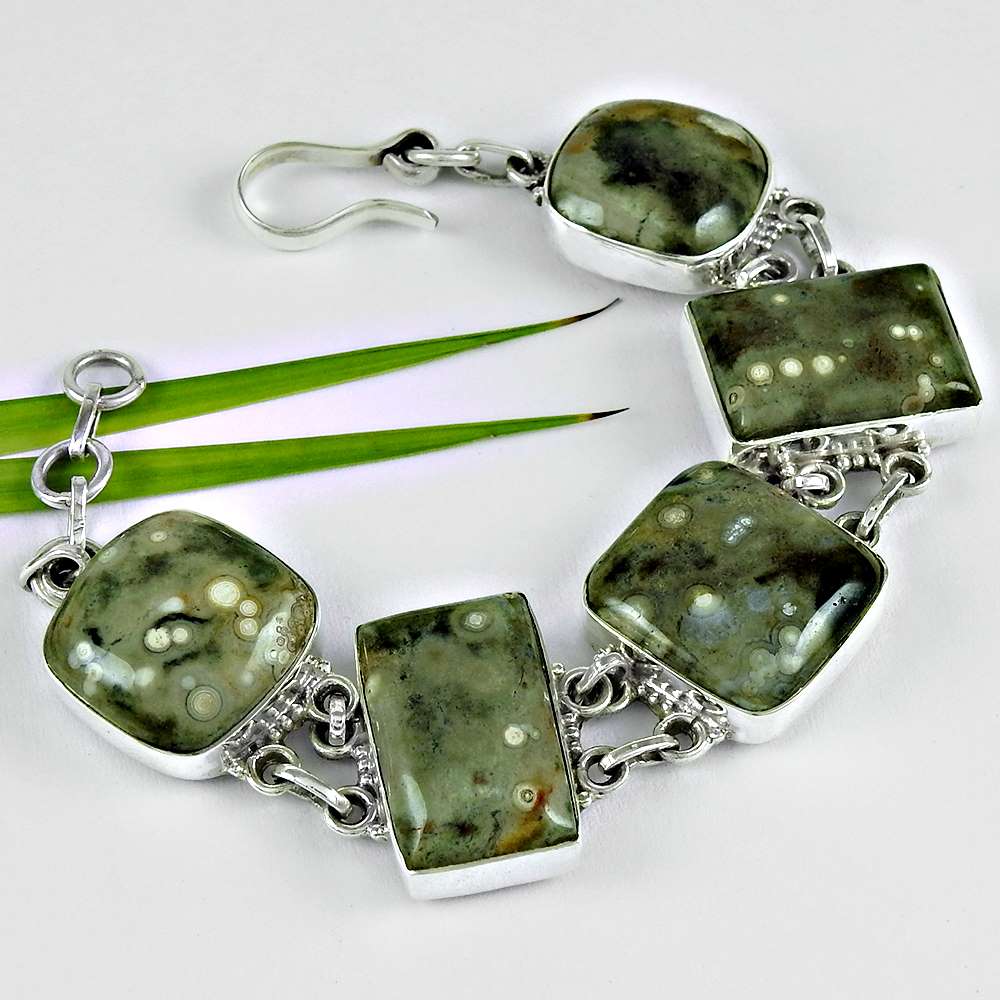 Birthday Gift Natural Ocean Jasper Gemstone Chain Bracelet 925 Silver F6