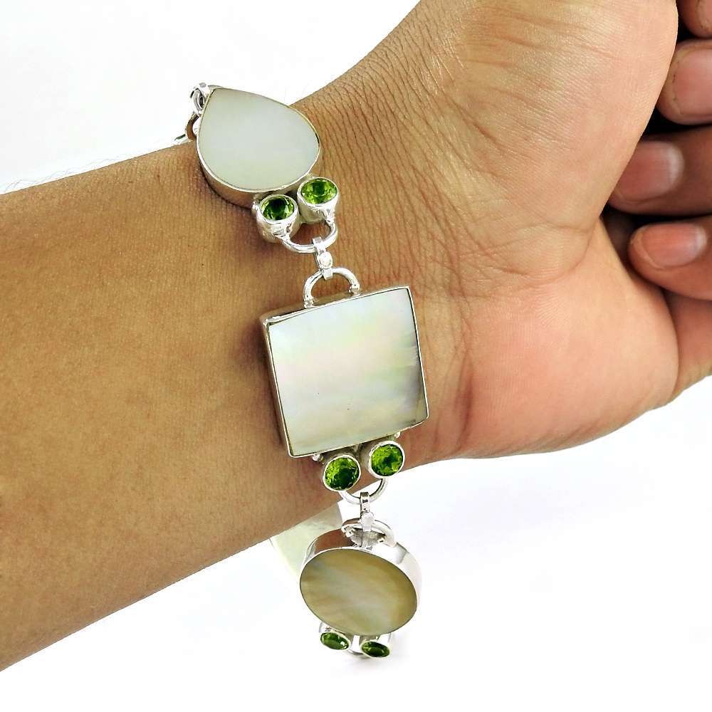 Stunning Rich MOther Of Pearl Peridot Gemstone Sterling Silver Bracelet Jewelry