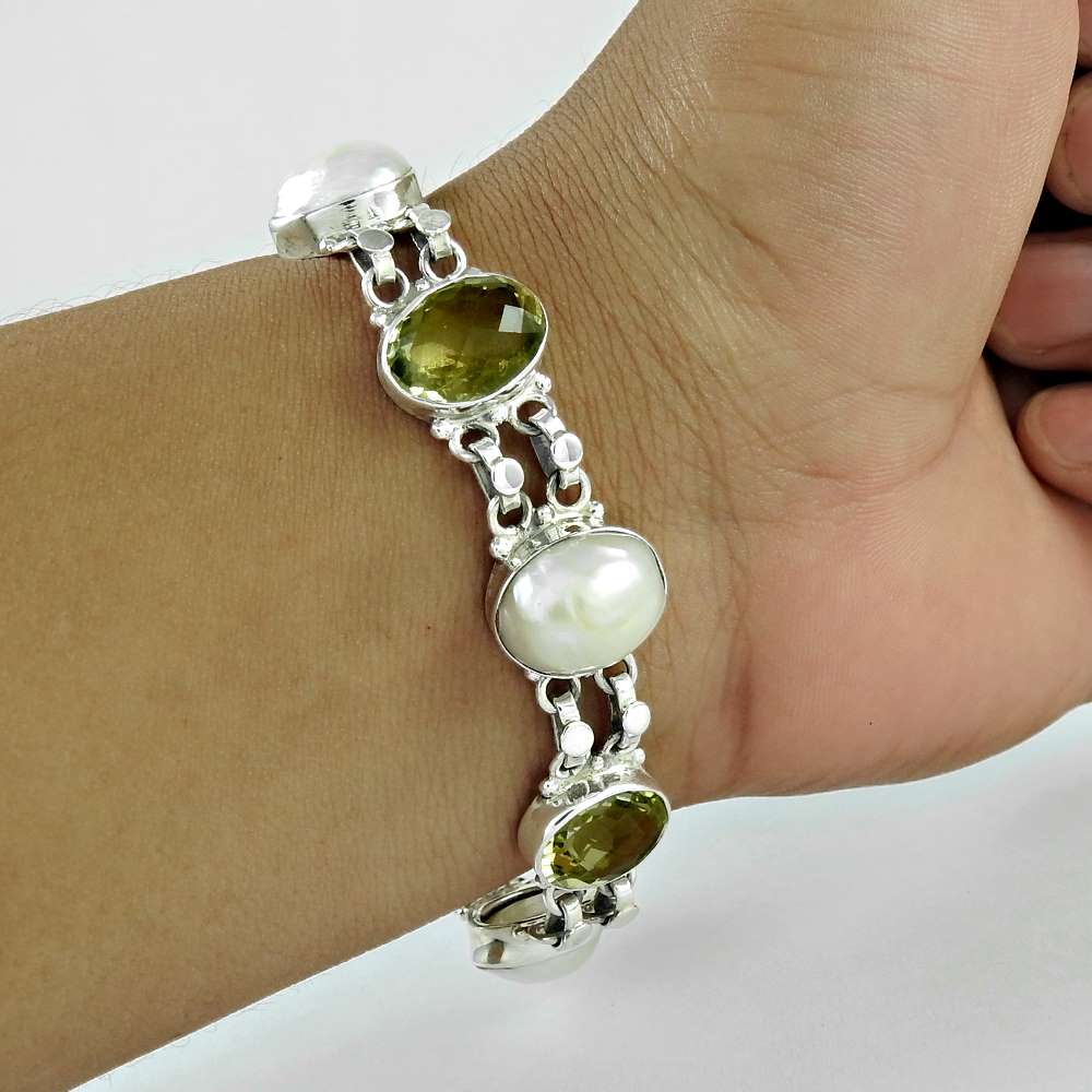 Birthday Gift 925 Silver Natural Lemon Quartz Chain Boho Bracelet G7