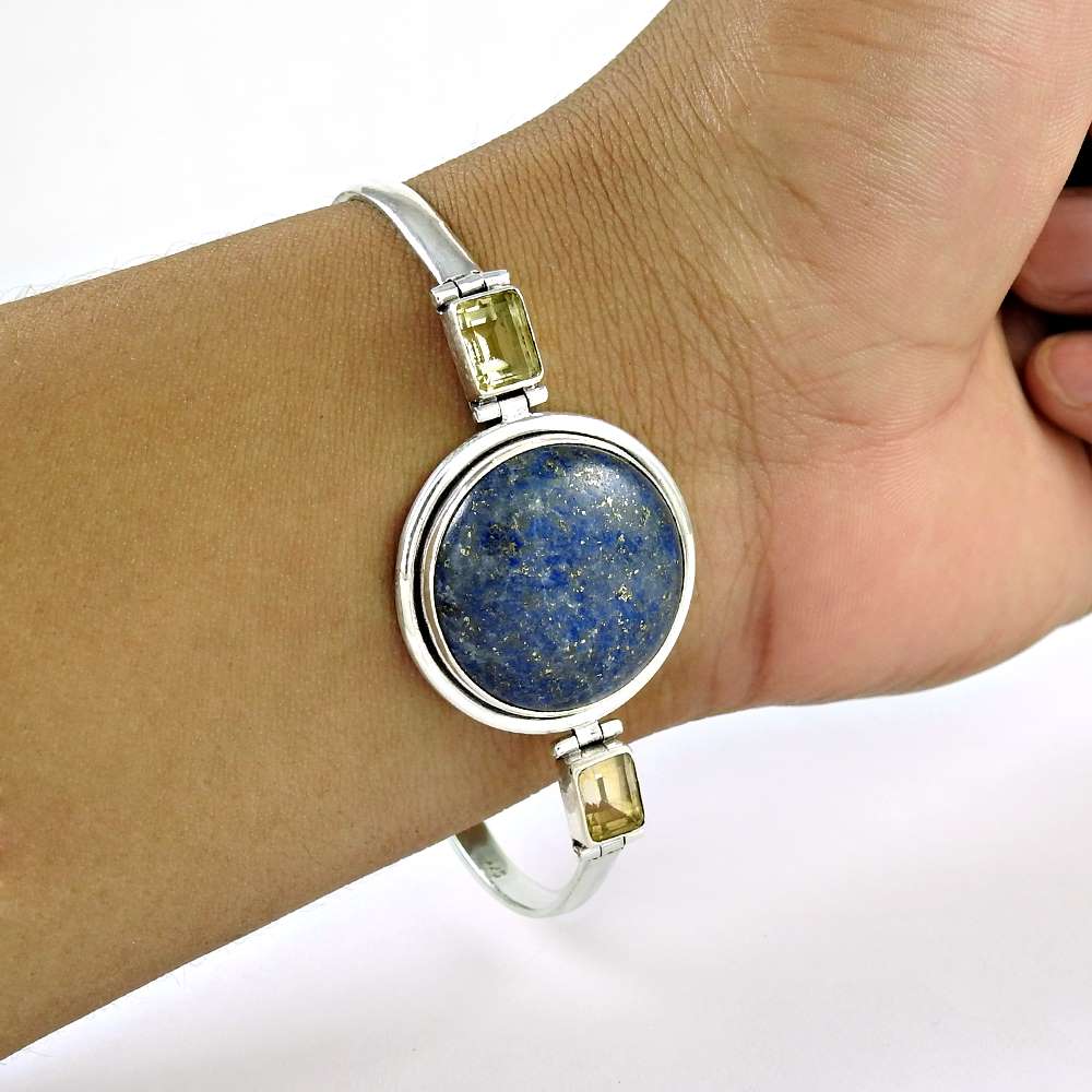 Natural Lapis Lazuli Gemstone 925 Silver Chain Boho Bracelet For Women L7