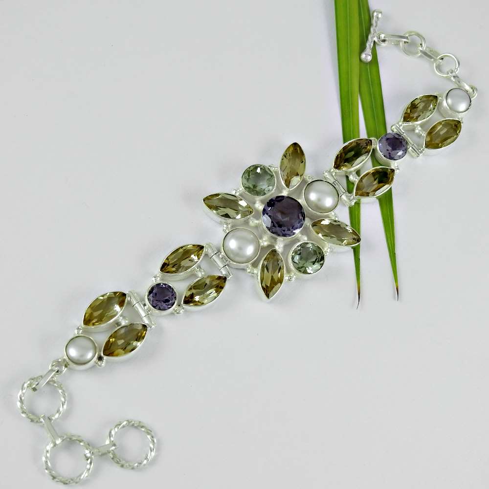 Latest Trend 925 Sterling Silver Amethyst Pearl Citrine Green Amethyst Gemstone Bracelet Jewelry A5