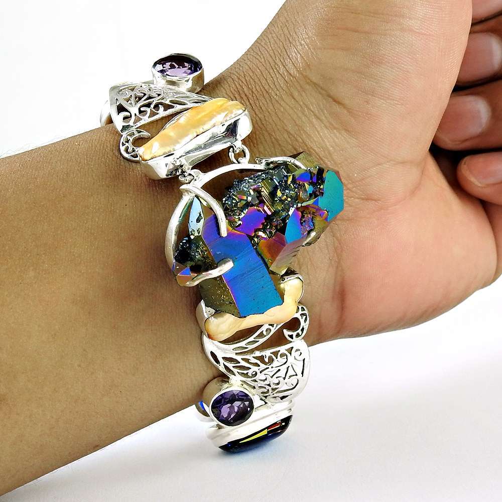 Beautiful Fresh Water Pearl Dico Glass Druzy Amethyst Gemstone 925 sterling silver Bracelet