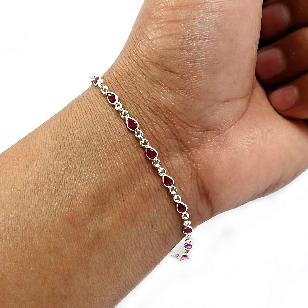 HANDMADE 925 Sterling Silver Jewelry Pear Shape Ruby Cz Gemstone Bracelet D3