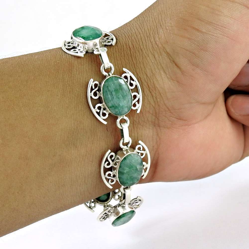 Natural Emerald Gemstone 925 Sterling Silver Chain Boho Bracelet For Women X38