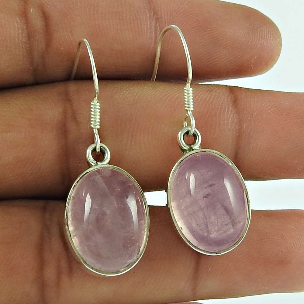 Gift For Her 925 Silver Natural Rose Quartz Dangle Ethnic Earrings H1