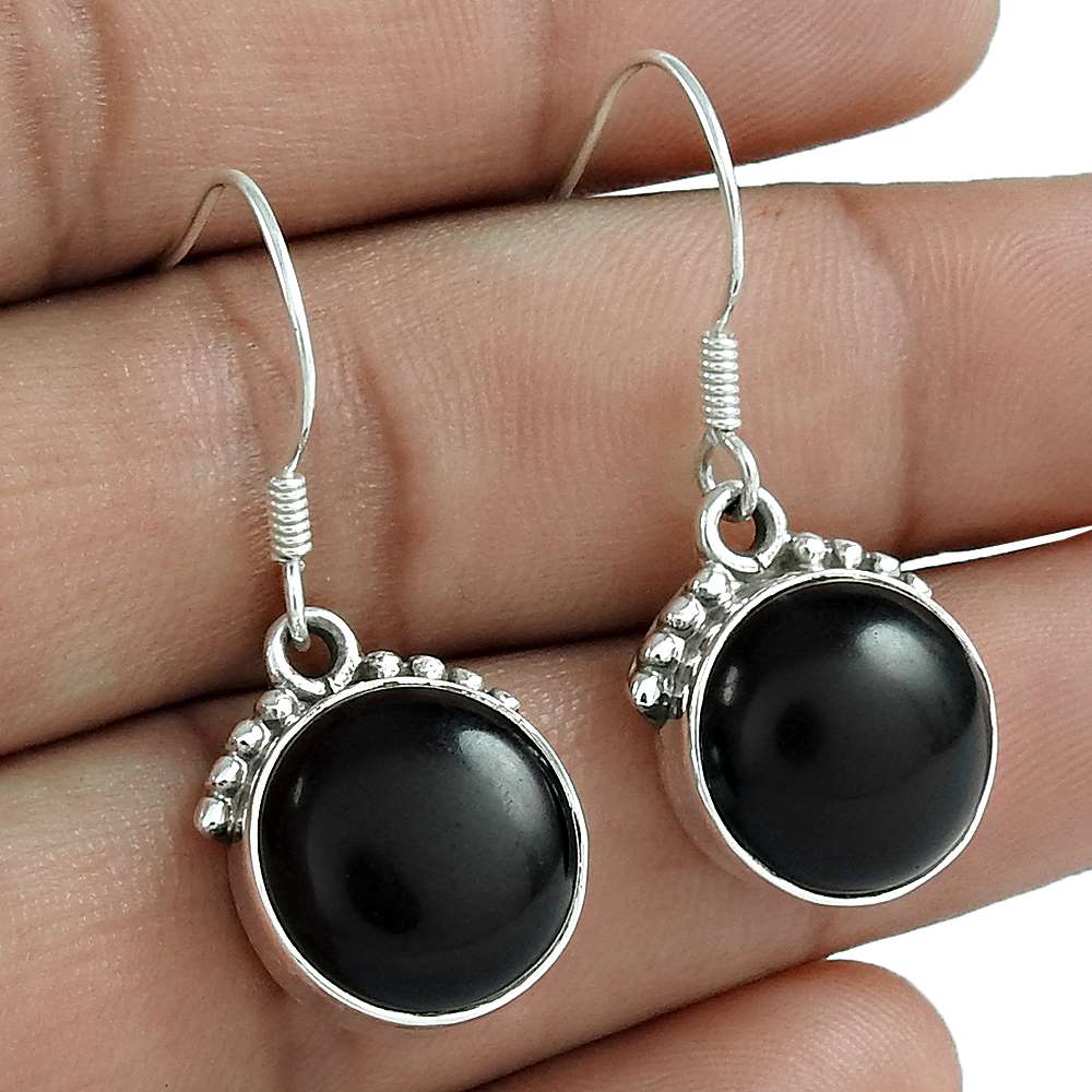 Natural Onyx Gemstone Dangle Bohemian Black Earrings 925 Sterling Silver A2