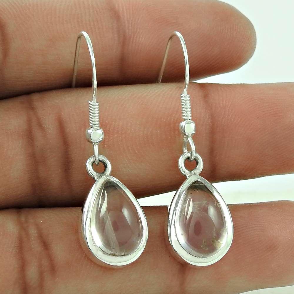 Natural Rose Quartz Gemstone 925 Silver Dangle Ethnic Earrings For Women K2
