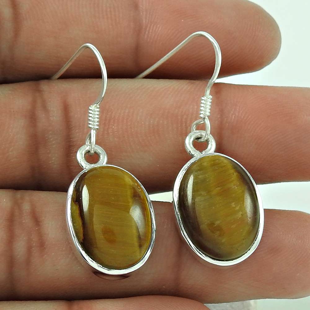 Natural Tiger'S Eye Gemstone Dangle Boho Brown Earrings 925 Silver N2