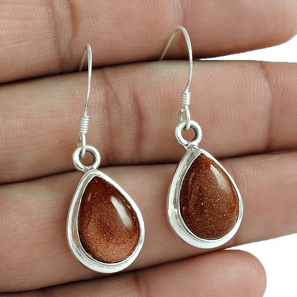 Gift For Women Dangle Vintage Earrings 925 Silver Natural Sunstone D3