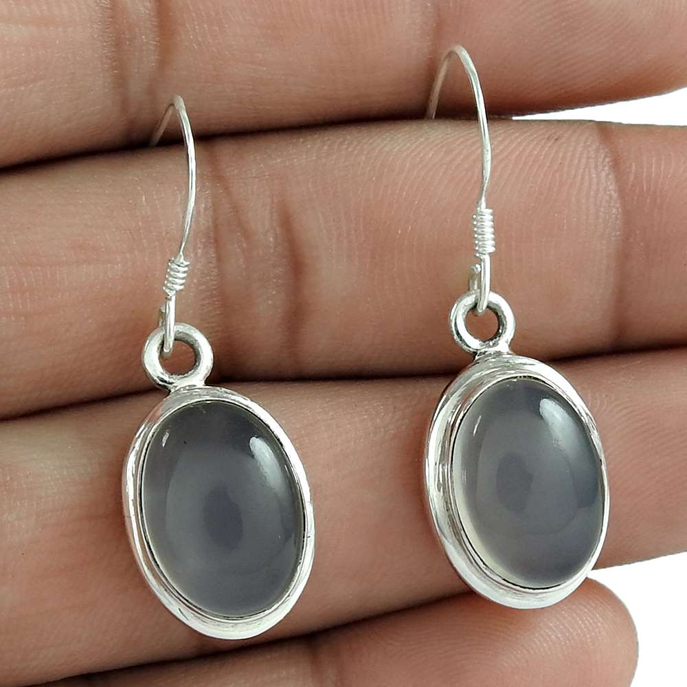 Natural Chalcedony Gemstone Dangle Ethnic Blue Earrings 925 Silver E3