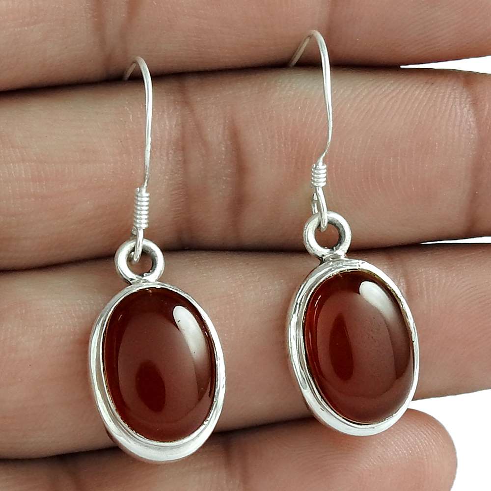 Natural Carnelian Gemstone 925 Silver Dangle Tribal Earrings For Girls F3