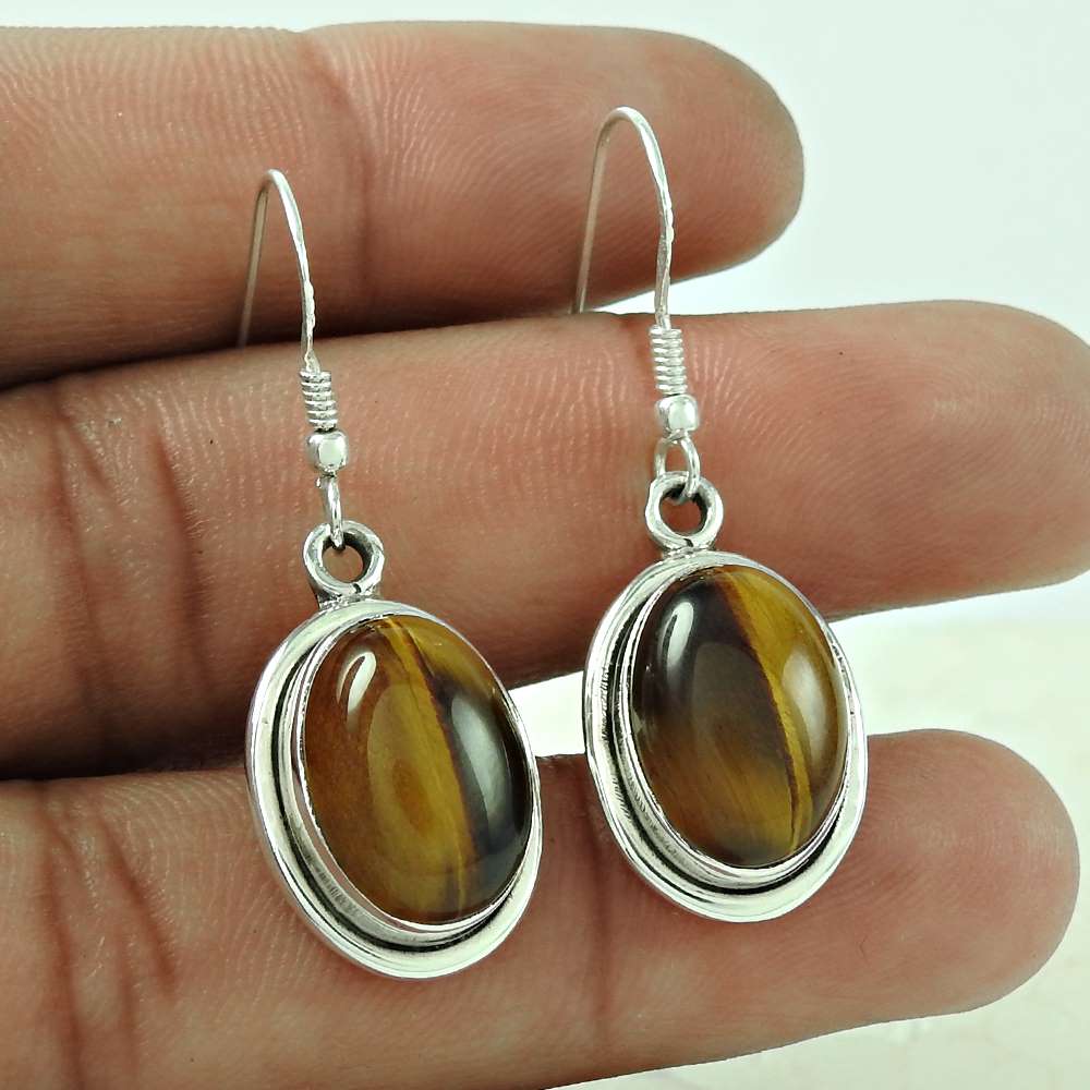 Gift For Her Natural Tiger'S Eye Dangle Vintage Earrings 925 Silver V3